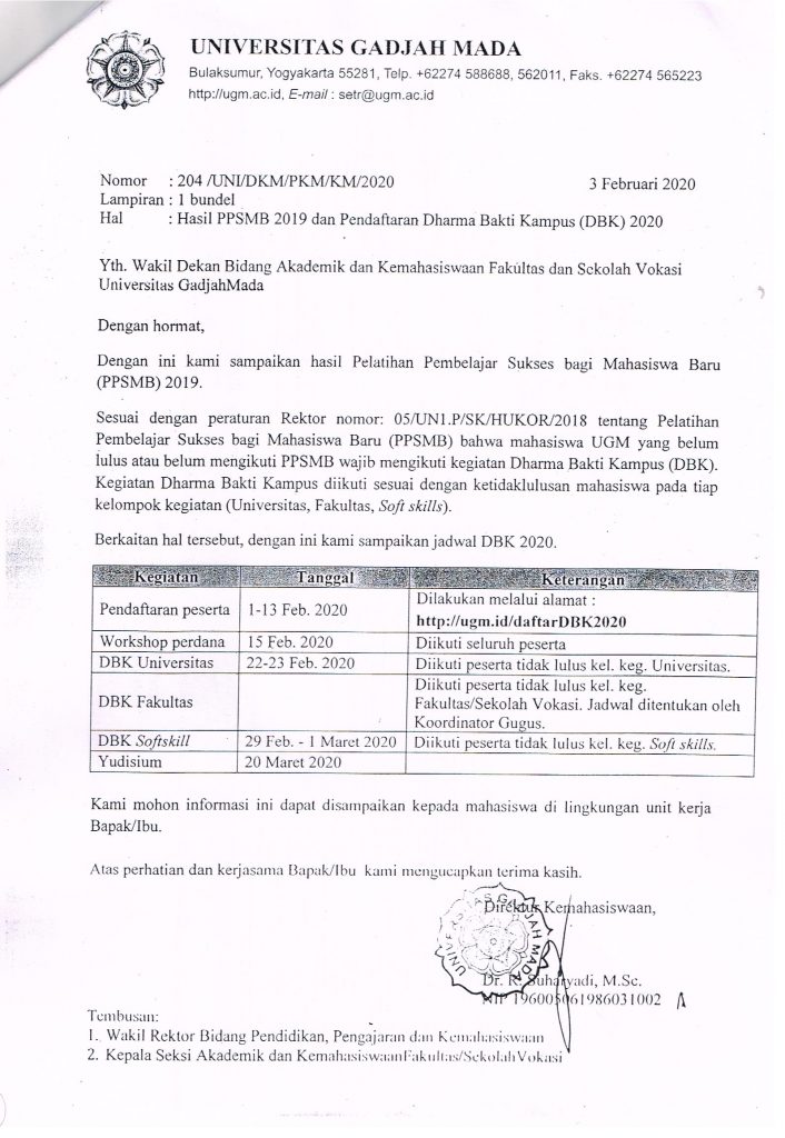 Hasil PPSMB 2019 Dan Pendaftaran Dharma Bakti Kampus (DBK) 2020 ...